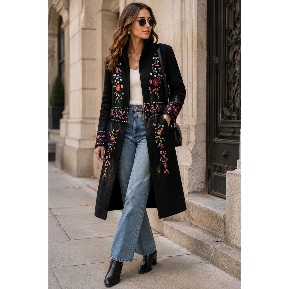 Alexandra Bartlett Black 100% Wool Floral Embroidered Long Coat Womens M